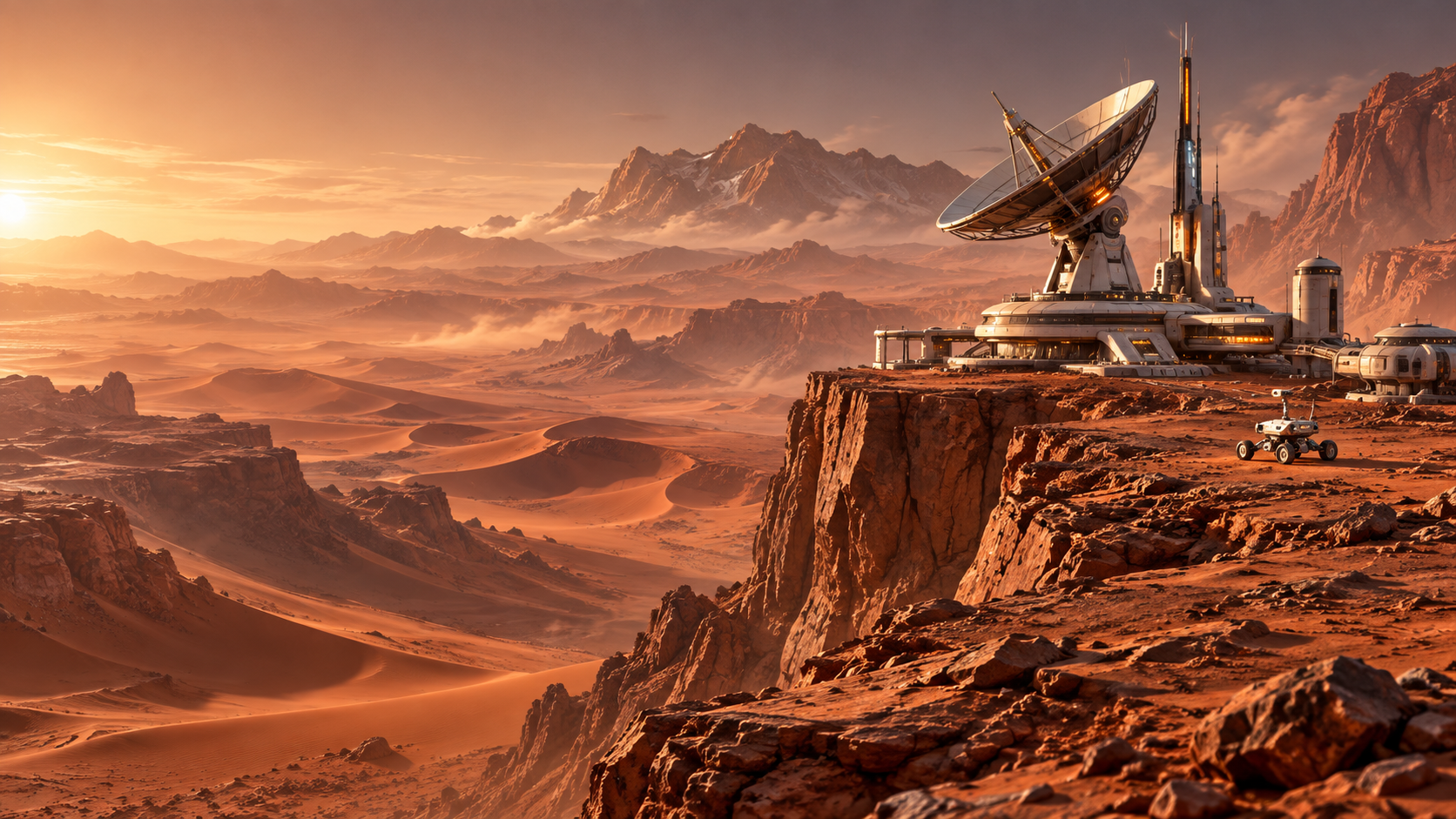 Scientific outpost above a Martian canyon