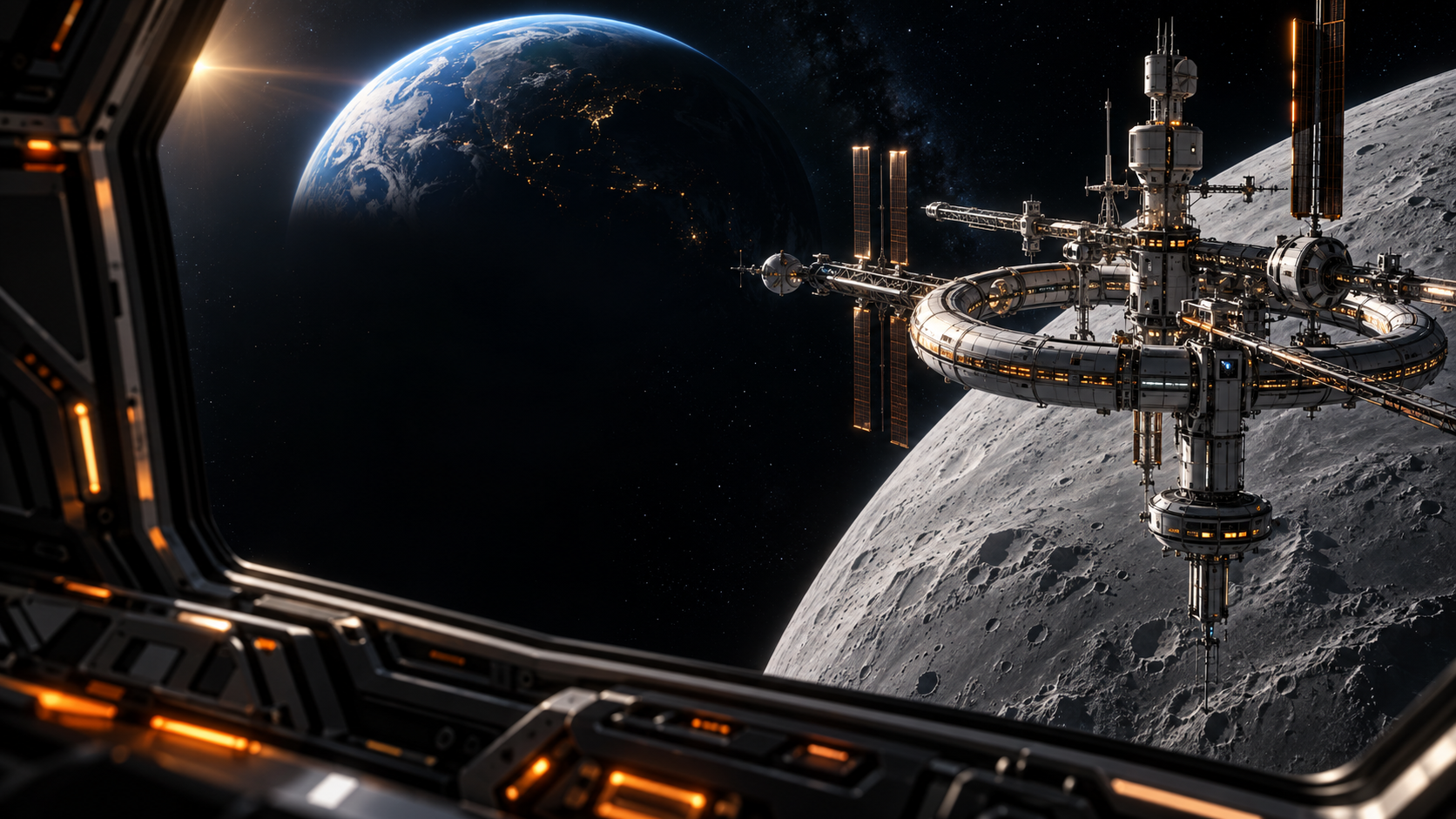 Orbital research station overlooking Earth and the Moon